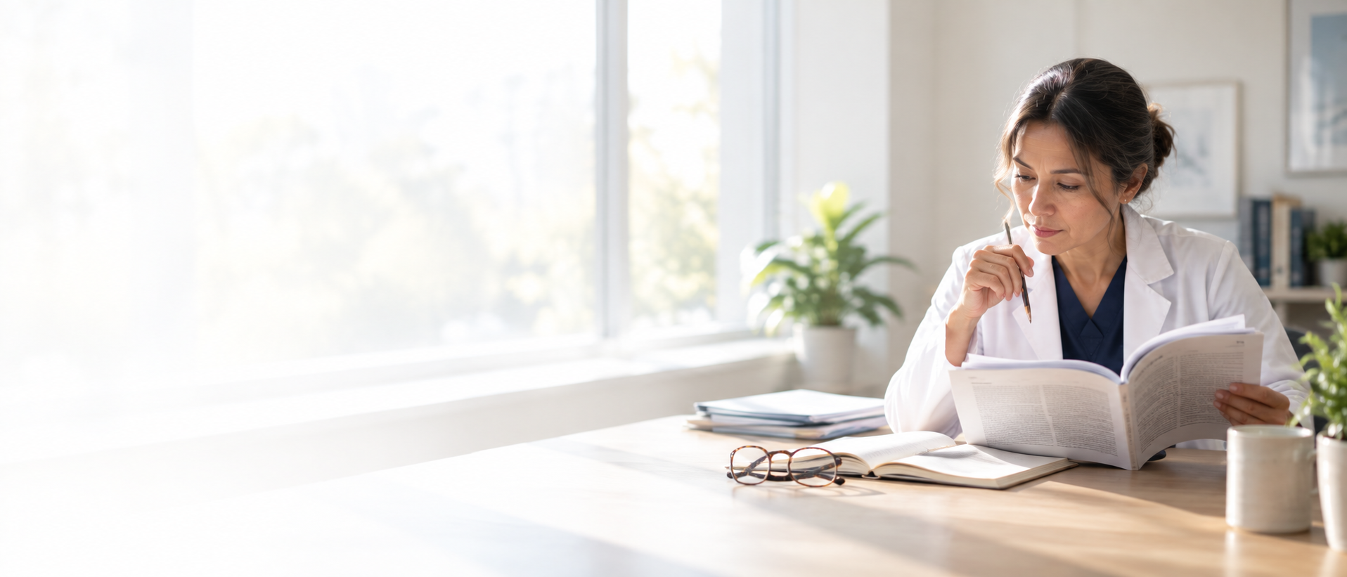 A clinician reading a journal at a sunlit desk